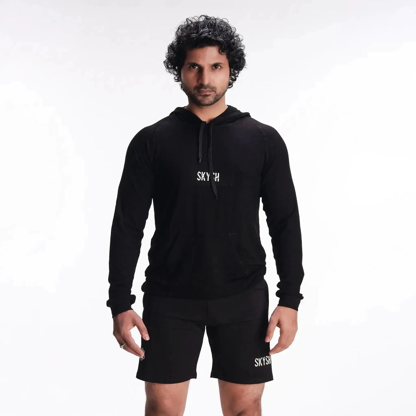 Skysh Men Black Raglan Full Sleeve Bamboo-Cotton Spandex Hooded Sweatshirt