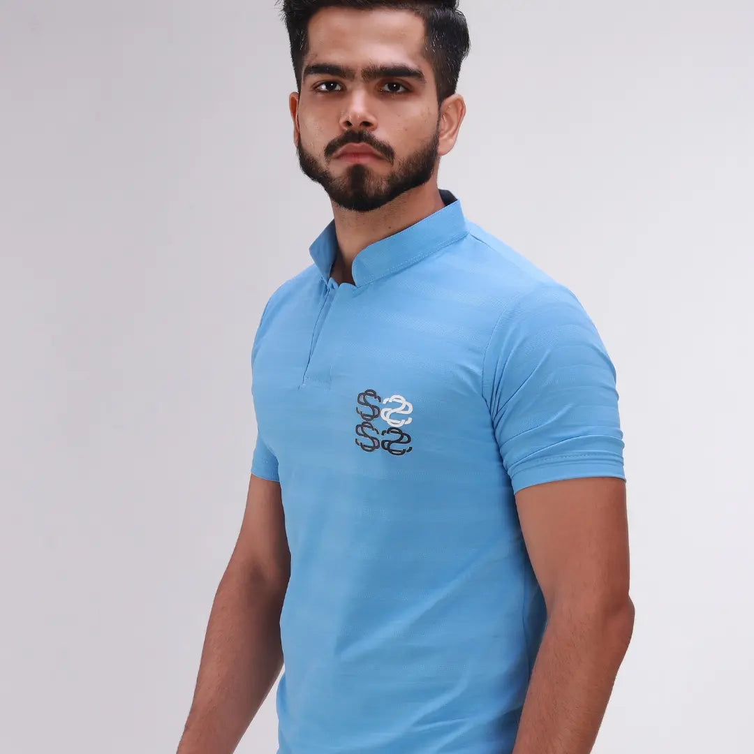 Skysh Mens Polyester Mandarin Collar Sky Blue Slim Fit Polo T-shirt - SkySh
