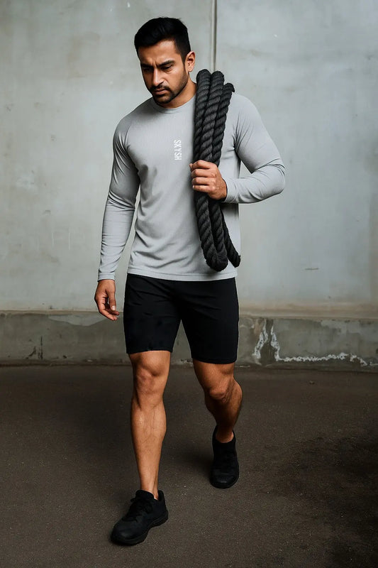 Skysh Men Grey 3/4 Sleeve Solid Round Neck check Polyester Spandex T-Shirt - SkySh