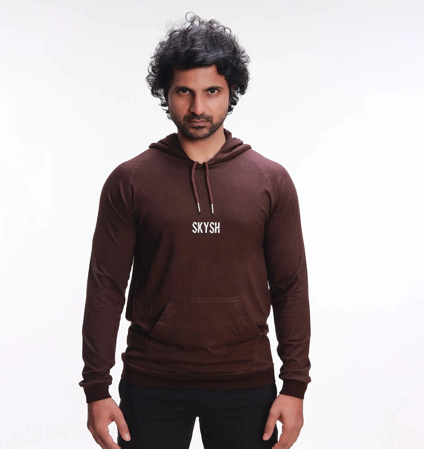 Skysh Men Coffee Brown Raglan Full Sleeve Bamboo-Cotton Spandex Hooded Sweatshirt
