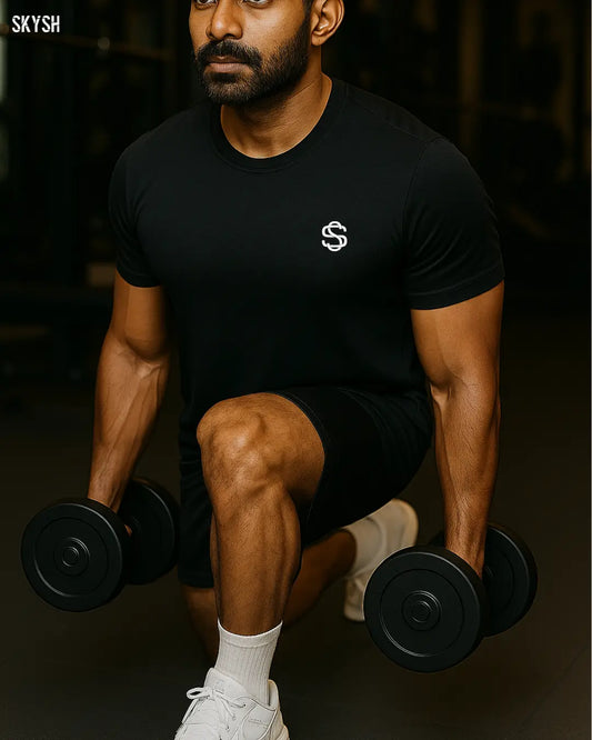 Skysh Men Black Solid Round Neck Polyester T-Shirt half - SkySh