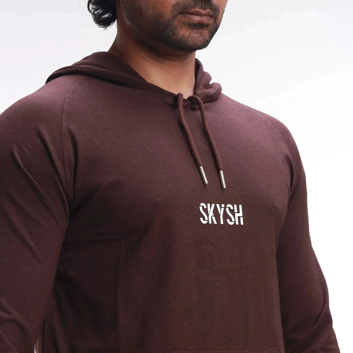 Skysh Men Coffee Brown Raglan Full Sleeve Bamboo-Cotton Spandex Hooded Sweatshirt