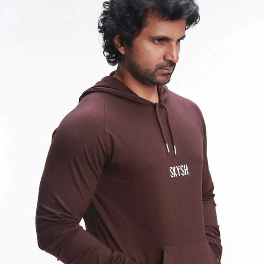 Skysh Men Coffee Brown Raglan Full Sleeve Bamboo-Cotton Spandex Hooded Sweatshirt
