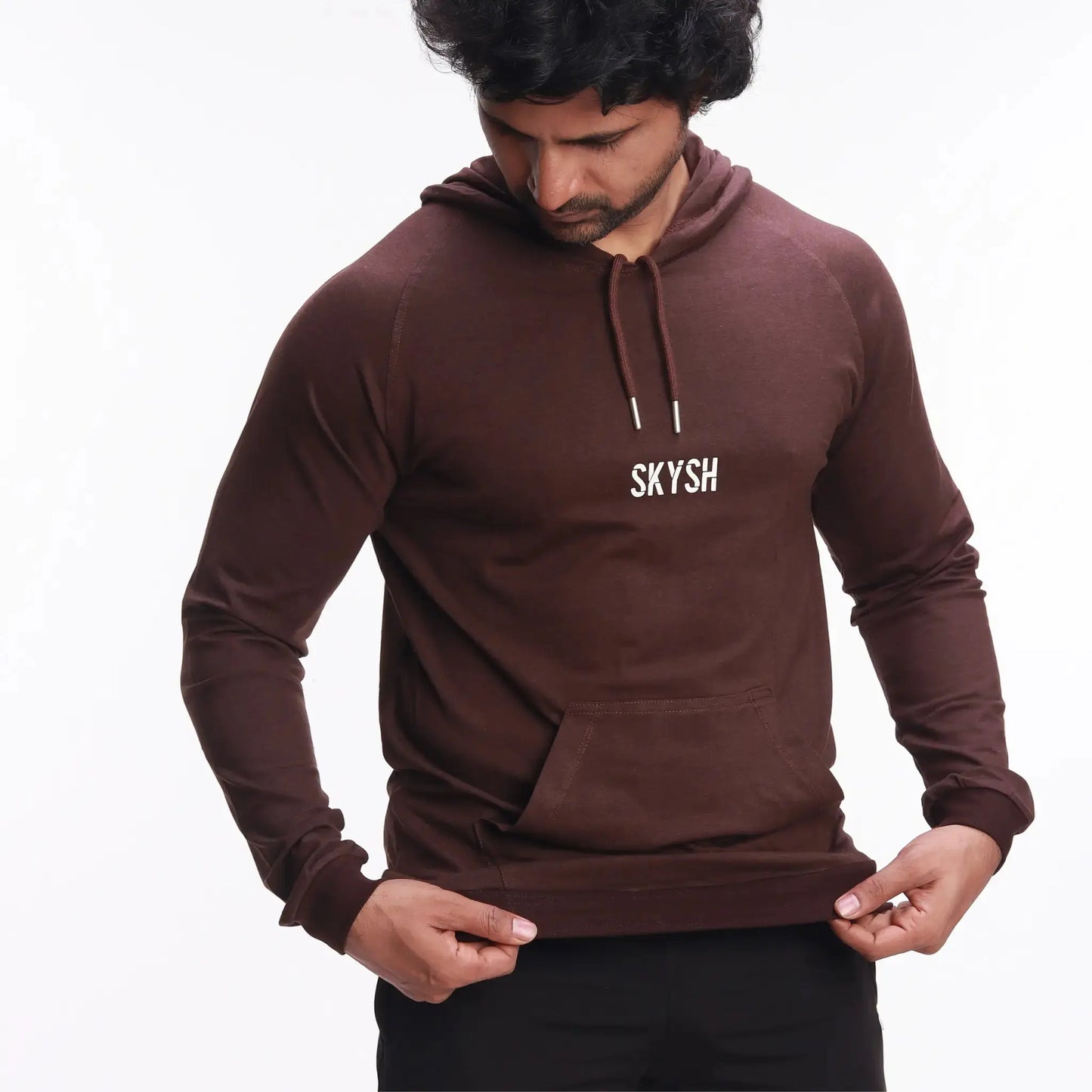 Skysh Men Coffee Brown Raglan Full Sleeve Bamboo-Cotton Spandex Hooded Sweatshirt