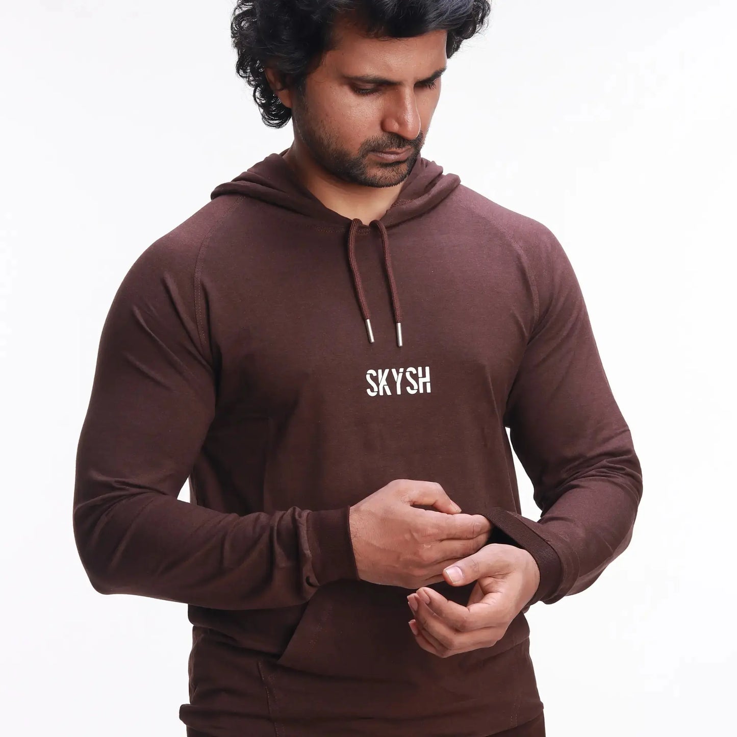 Skysh Men Coffee Brown Raglan Full Sleeve Bamboo-Cotton Spandex Hooded Sweatshirt