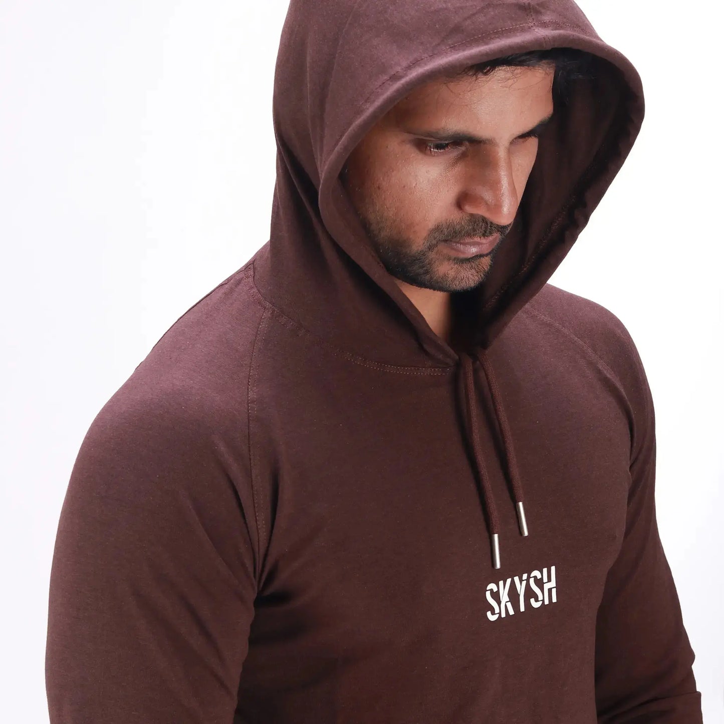Skysh Men Coffee Brown Raglan Full Sleeve Bamboo-Cotton Spandex Hooded Sweatshirt