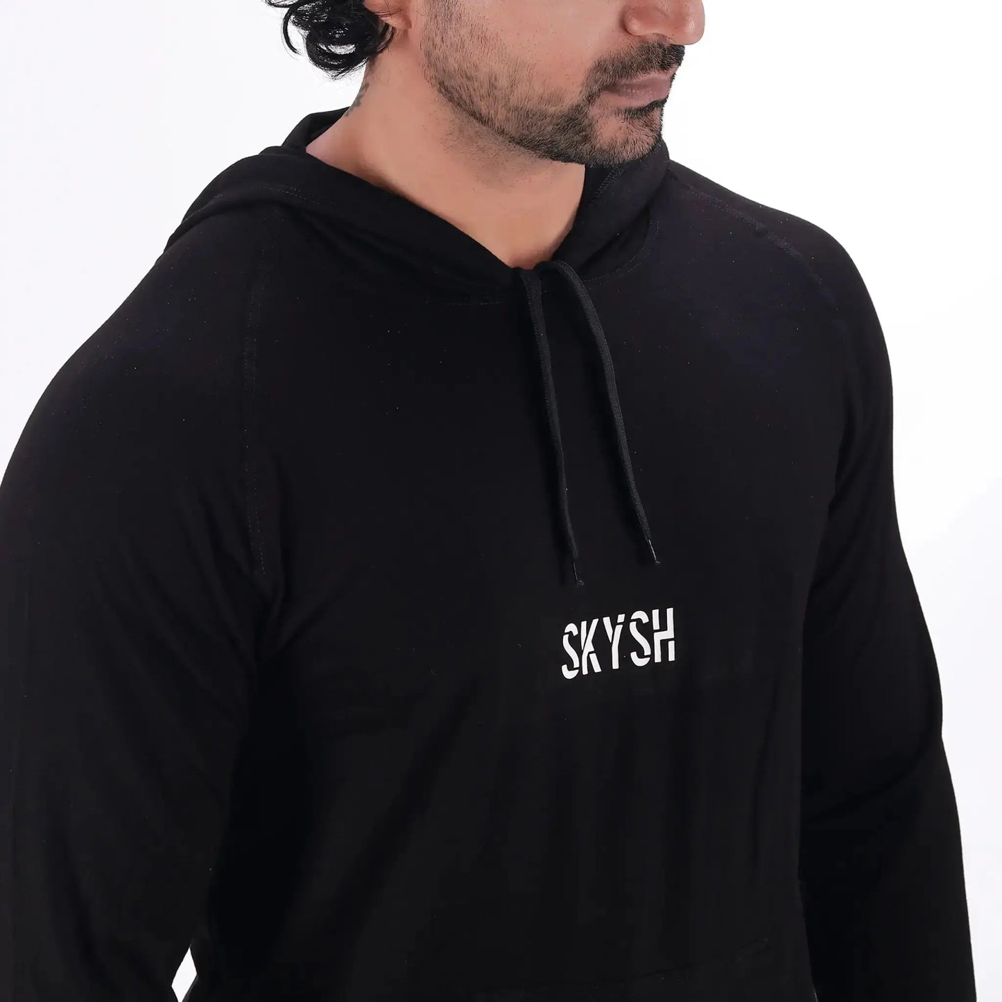 Skysh Men Black Raglan Full Sleeve Bamboo-Cotton Spandex Hooded Sweatshirt