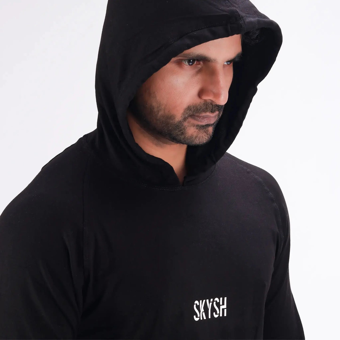 Skysh Men Black Raglan Full Sleeve Bamboo-Cotton Spandex Hooded Sweatshirt