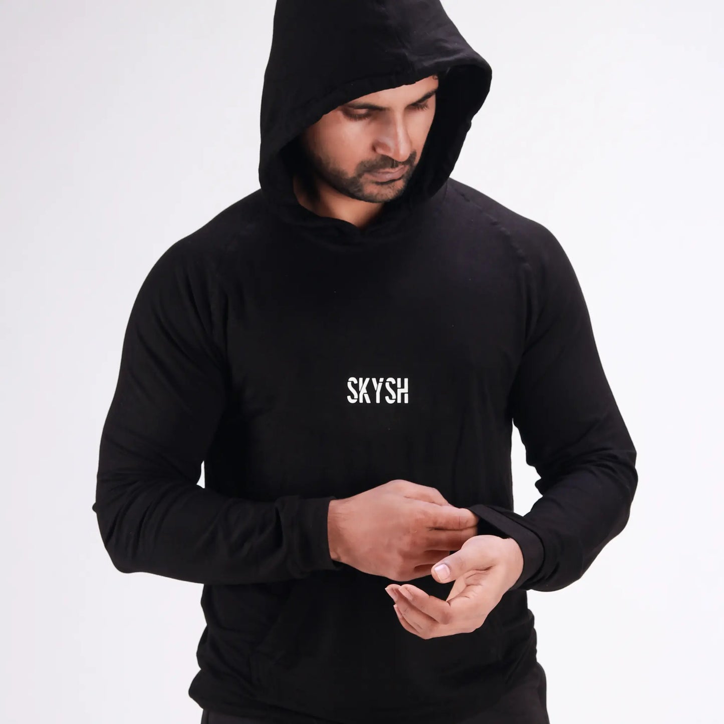 Skysh Men Black Raglan Full Sleeve Bamboo-Cotton Spandex Hooded Sweatshirt
