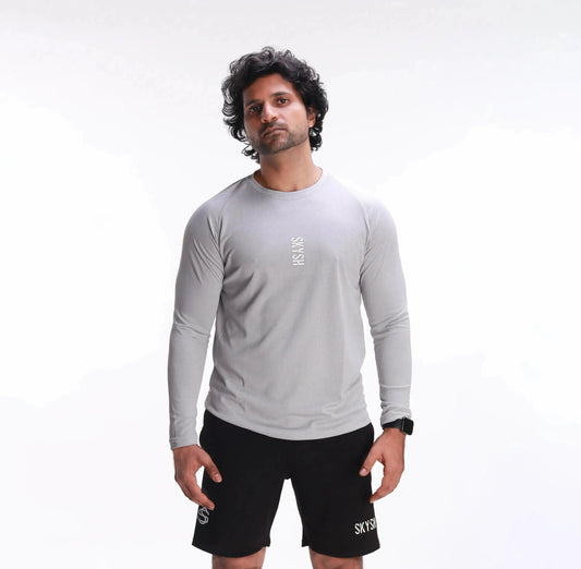 Skysh Men Grey Solid Round Neck check Polyester Spandex T-Shirt full