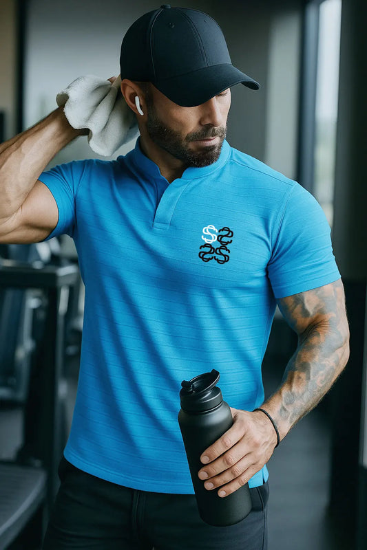 Skysh Mens Polyester Mandarin Collar Sky Blue Slim Fit Polo T-shirt - SkySh