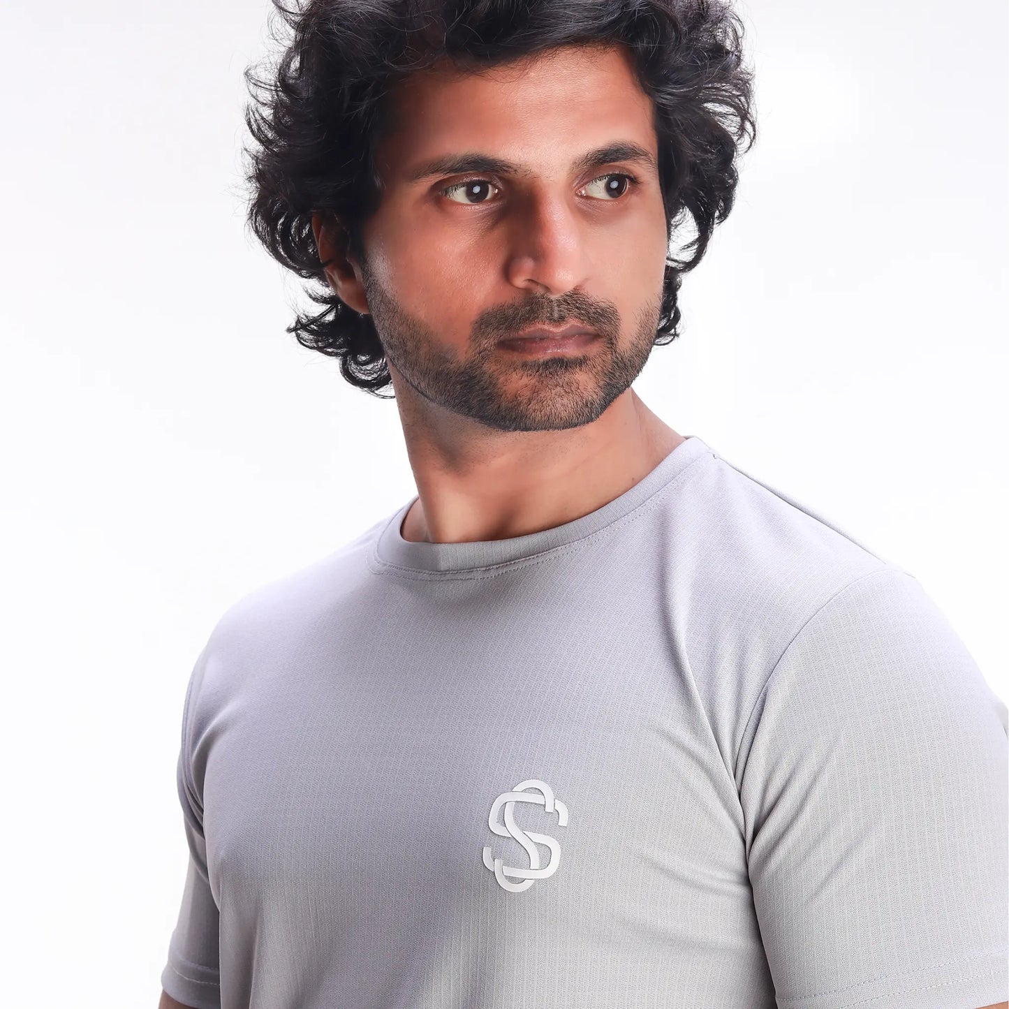 Skysh Men Grey Solid Round Neck check Polyester Spandex T-Shirt half
