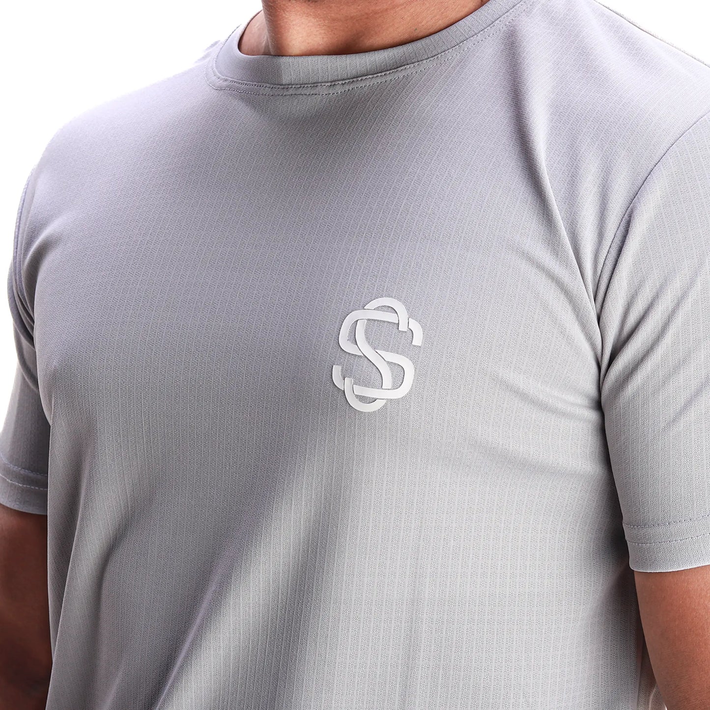 Skysh Men Grey Solid Round Neck check Polyester Spandex T-Shirt half