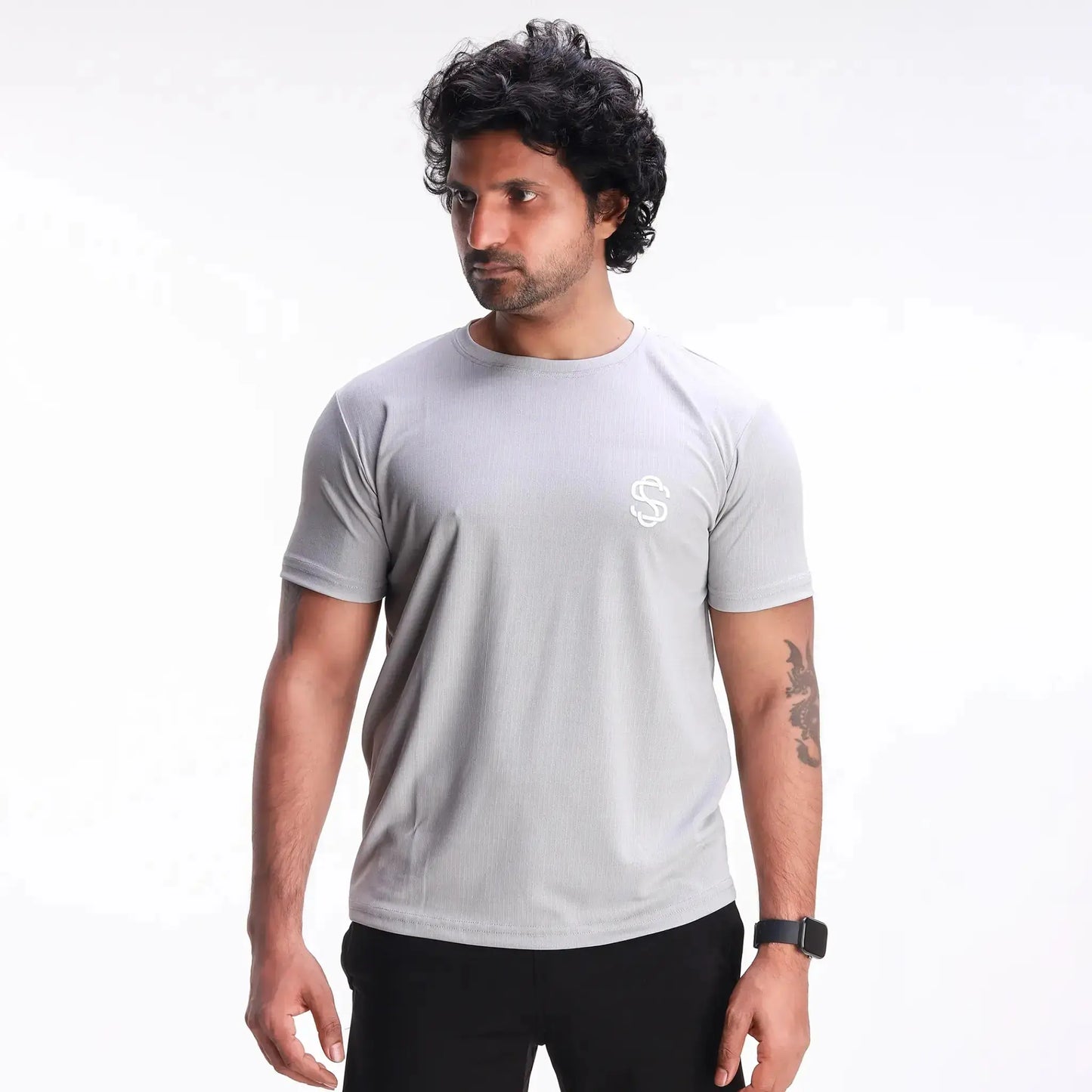 Skysh Men Grey Solid Round Neck check Polyester Spandex T-Shirt half
