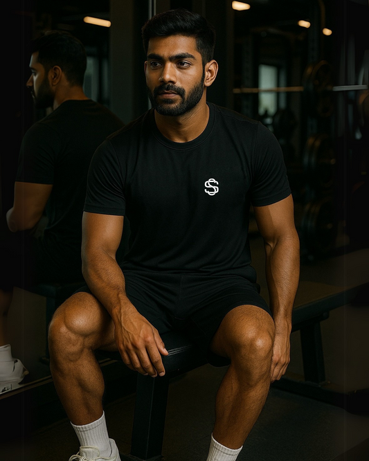 Skysh Men Black Solid Round Neck Polyester T-Shirt half