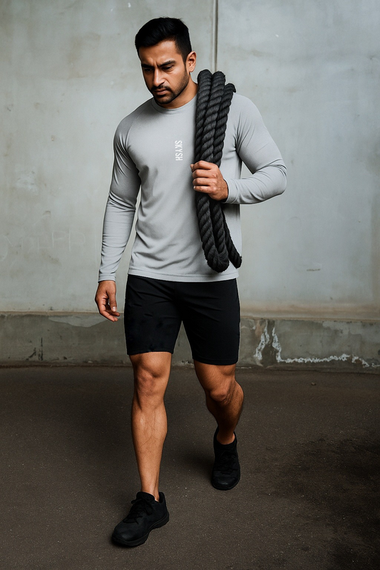 Skysh Men Grey Solid Round Neck check Polyester Spandex T-Shirt full