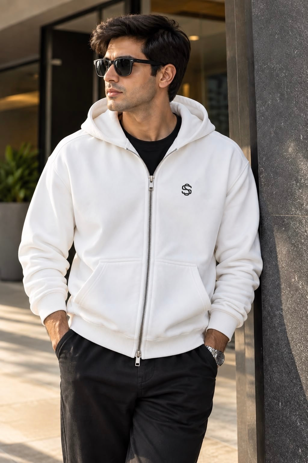 SKYSH Essential 350 GSM Cotton Fleece Hoodie with Zipper – White, Premium Everyday Pullover