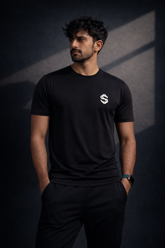 Skysh Men Black Solid Round Neck Polyester T-Shirt half