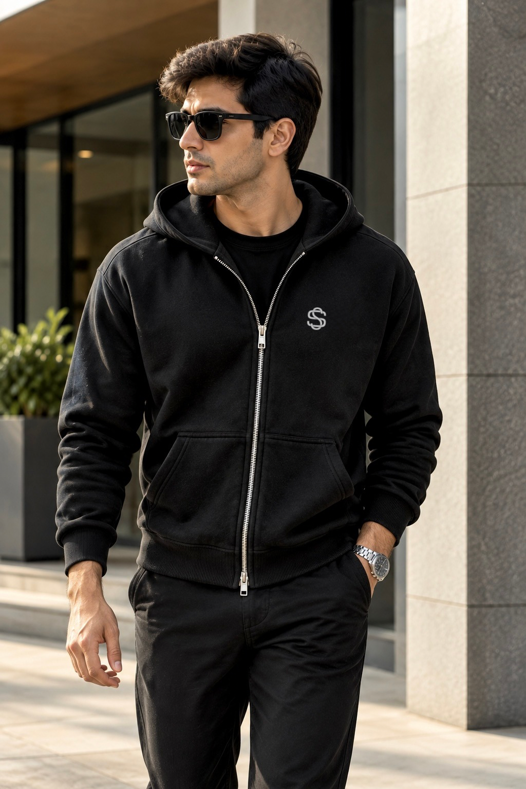 SKYSH Essential 350 GSM Cotton Fleece Hoodie with Zipper – Black, Premium Everyday Pullover