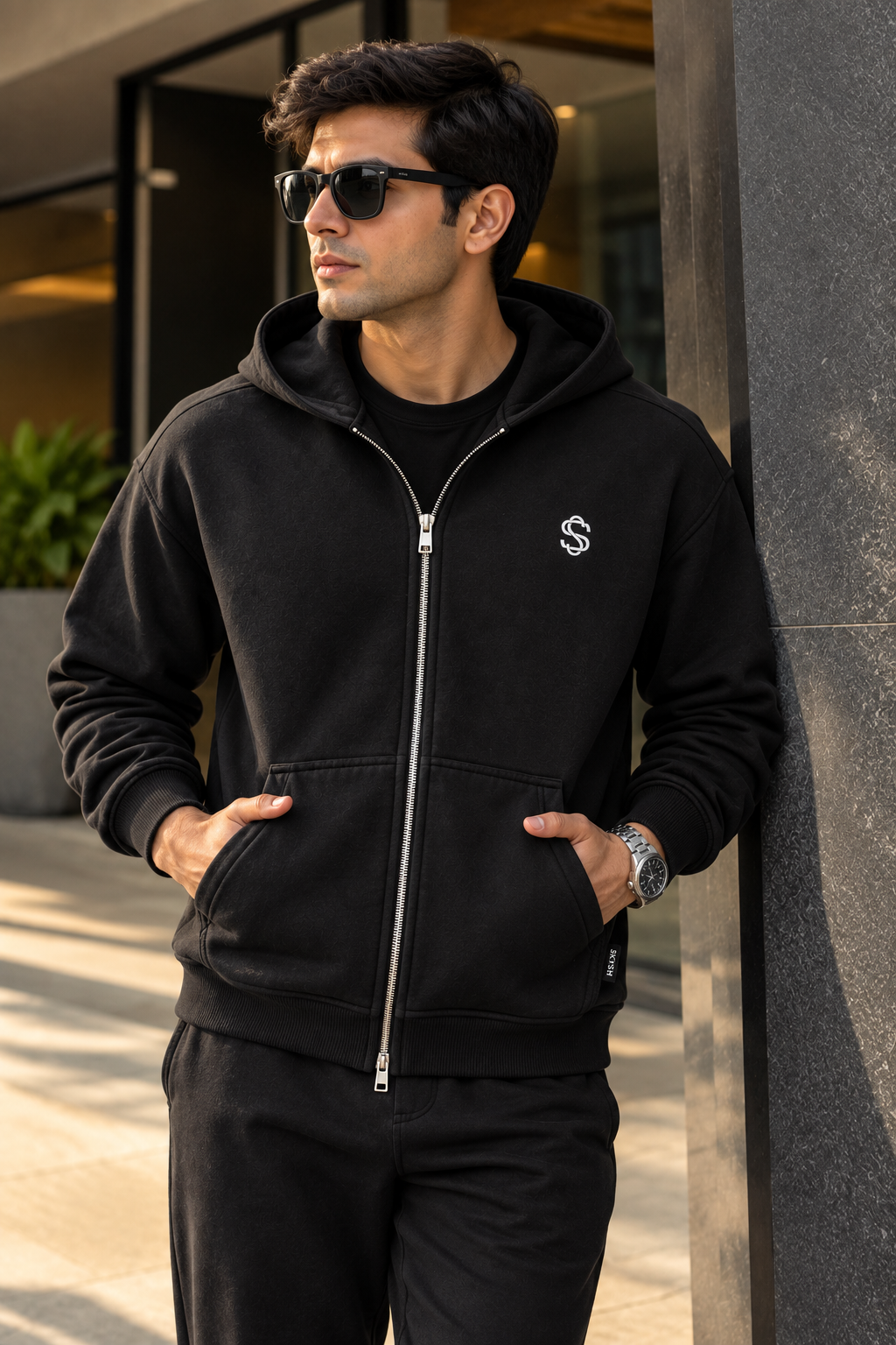 SKYSH Essential 350 GSM Cotton Fleece Hoodie with Zipper – Black, Premium Everyday Pullover